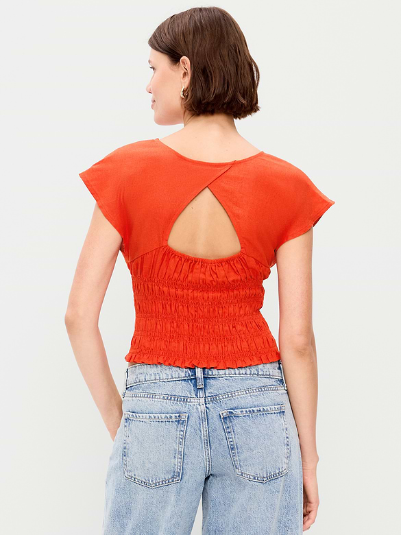 Linen-Blend Short-Sleeve Smocked Top