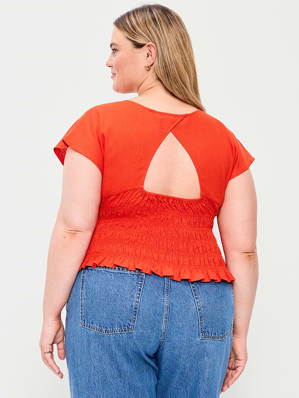 Linen-Blend Short-Sleeve Smocked Top