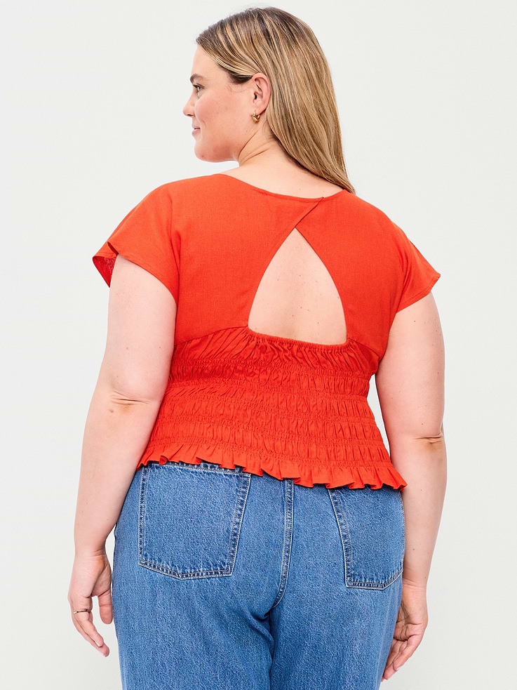 Image number 8 showing, Linen-Blend Short-Sleeve Smocked Top
