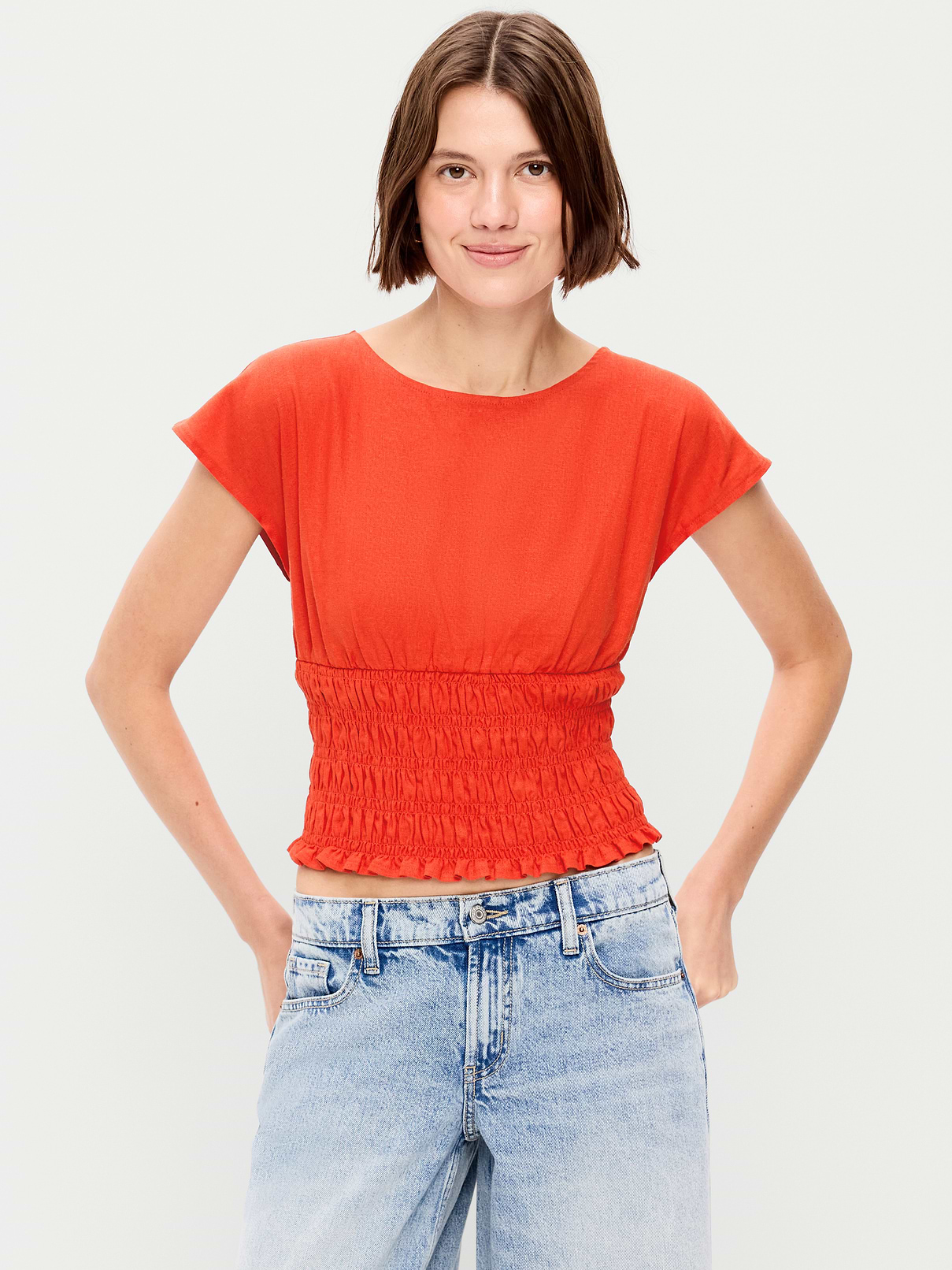 Linen-Blend Short-Sleeve Smocked Top