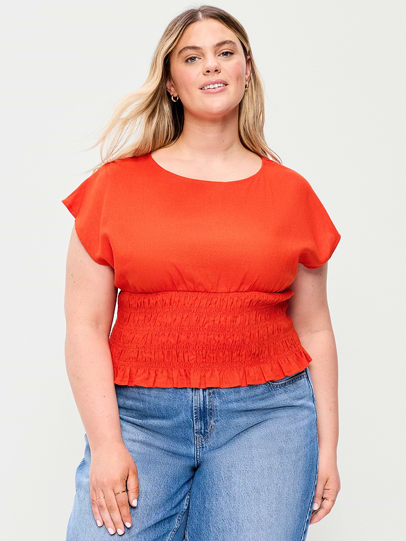 Linen-Blend Short-Sleeve Smocked Top