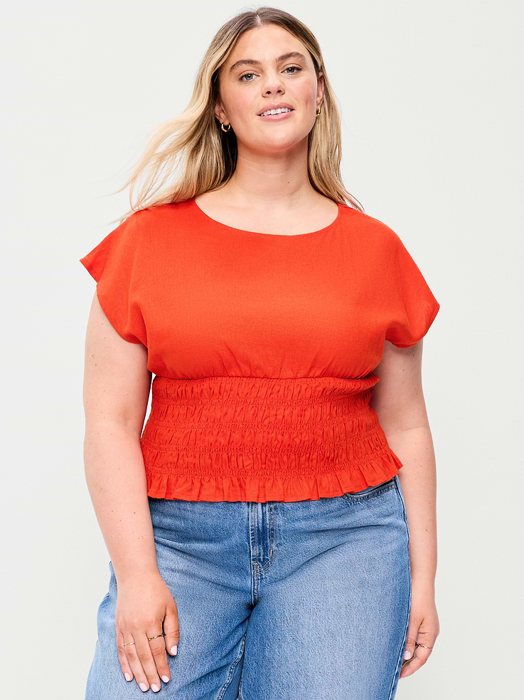Image number 7 showing, Linen-Blend Short-Sleeve Smocked Top