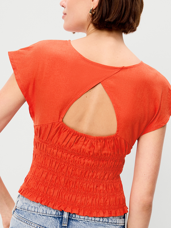 Linen-Blend Short-Sleeve Smocked Top