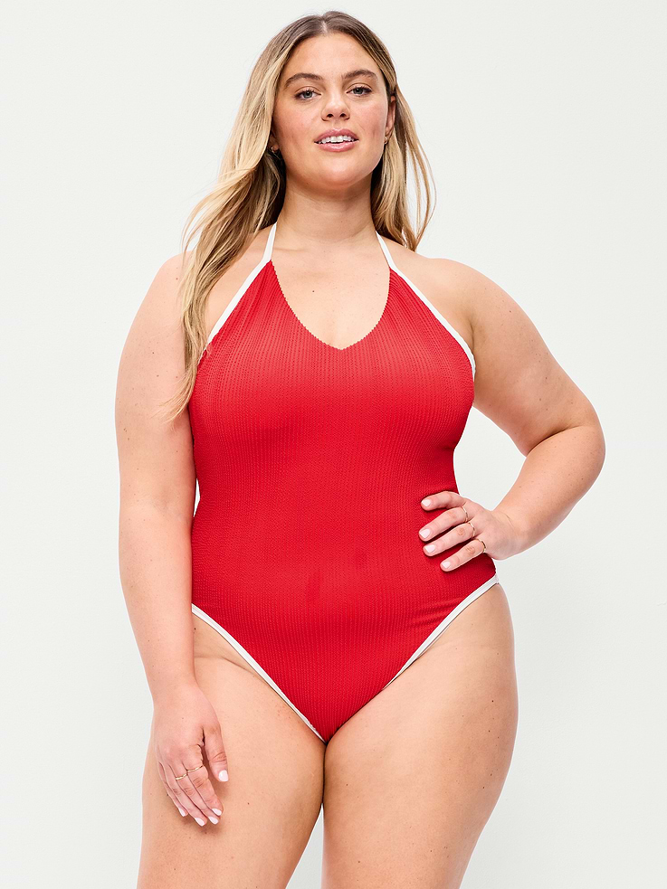 Image number 7 showing, Ribbed V-Neck Halter One-Piece Swimsuit