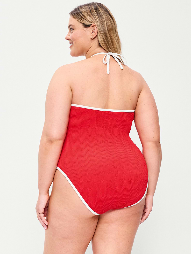 Image number 8 showing, Ribbed V-Neck Halter One-Piece Swimsuit