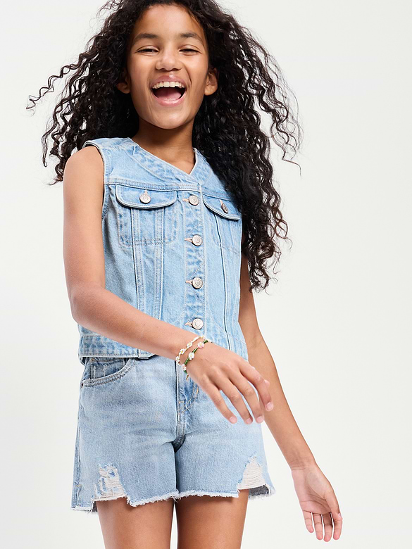 Short en denim à taille haute et à ourlet coupé et effiloché pour fille