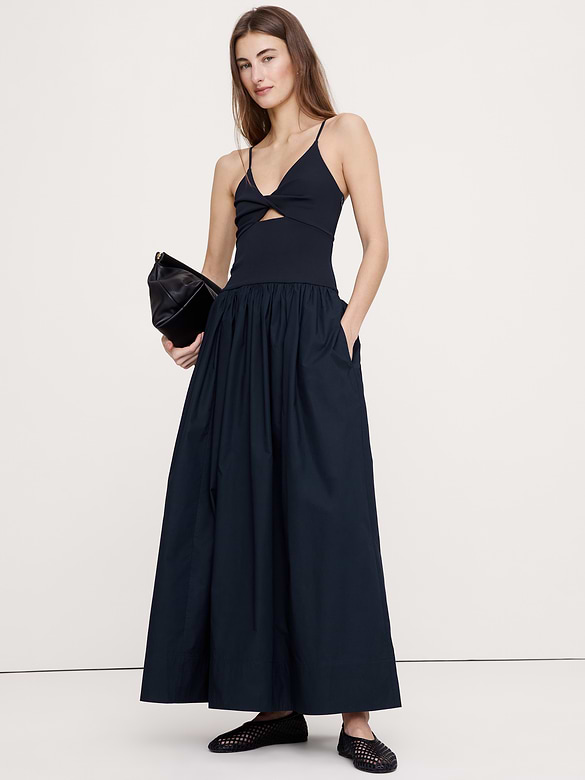 Jersey + Poplin Twist-Front Maxi Dress