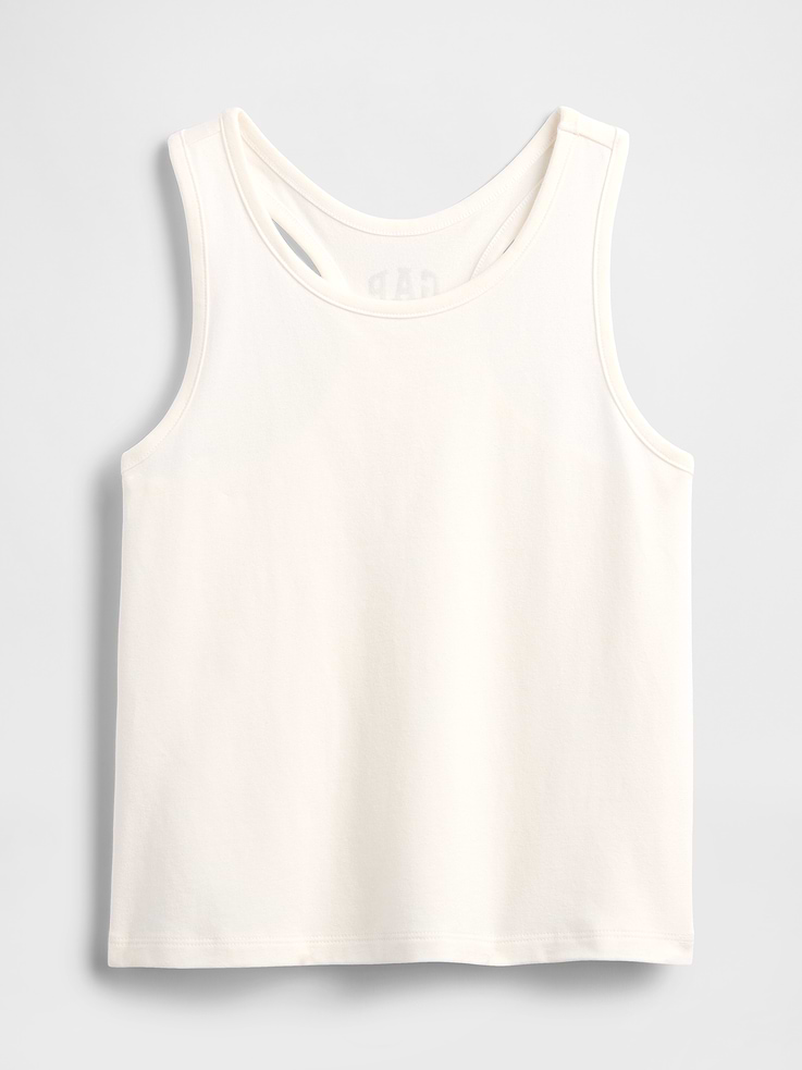 Image 1 of 3, Stretch jersey knit., Racerback tank straps., Scoopneck, Gap logo at back., Note: The dye used in the crafting of this product is prone to crocking, or color transfer. Please avoid contact with light-colored fabric or upholstery., This product was made in a factory that invests in gender equity and women’s empowerment through RISE. Learn more at, Product #1171593