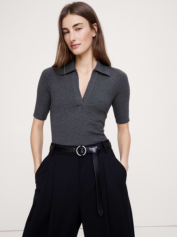 Ribbed Elbow-Sleeve Polo