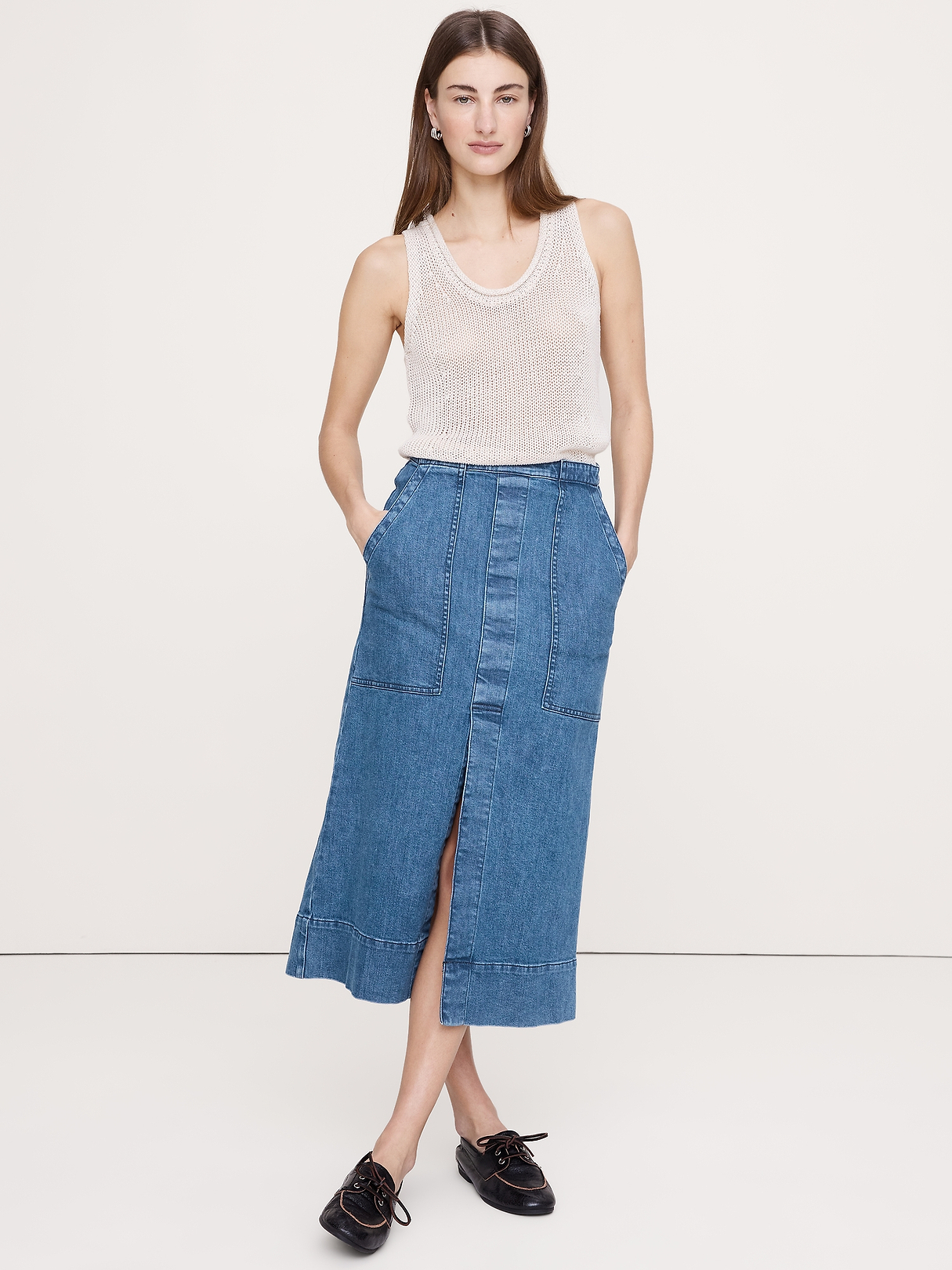 Denim Front-Slit Midi Skirt | Banana Republic