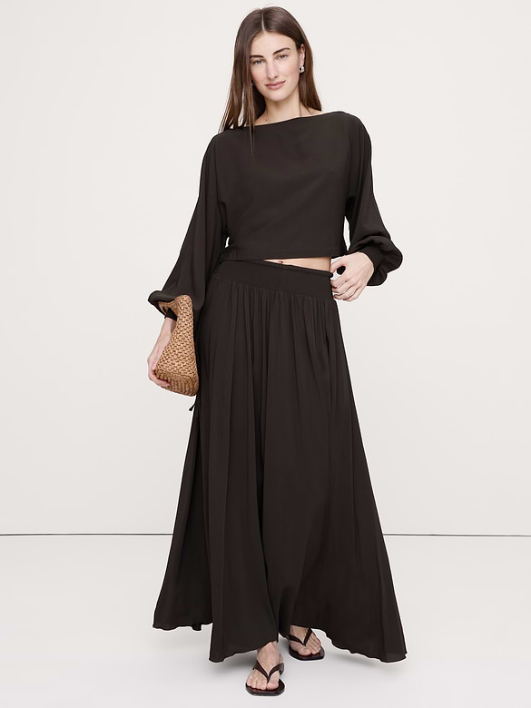 Smocked Georgette Boatneck Top