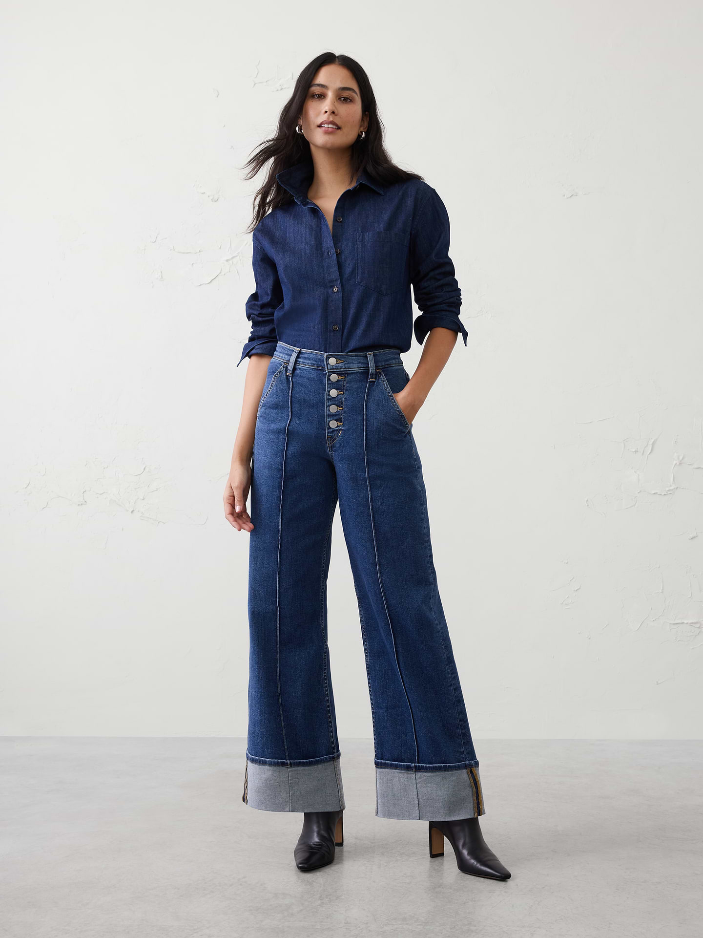 Image number 1 showing, Wide-Leg High-Rise Pintuck Cuffed Jean