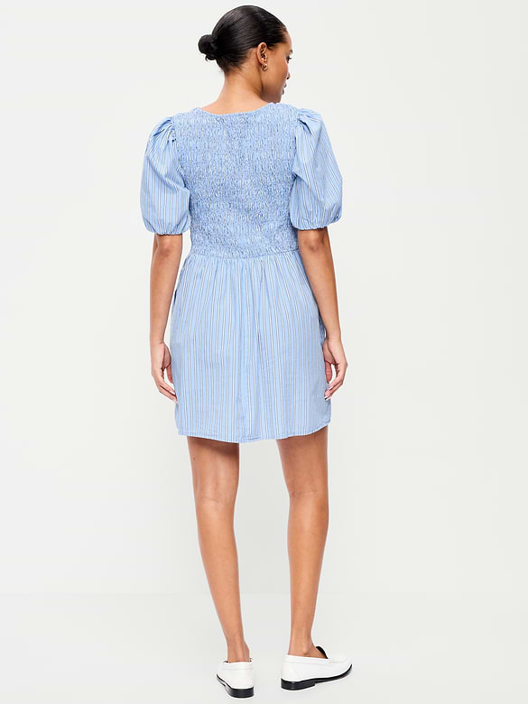 Smocked Puff-Sleeve Flare Mini Dress