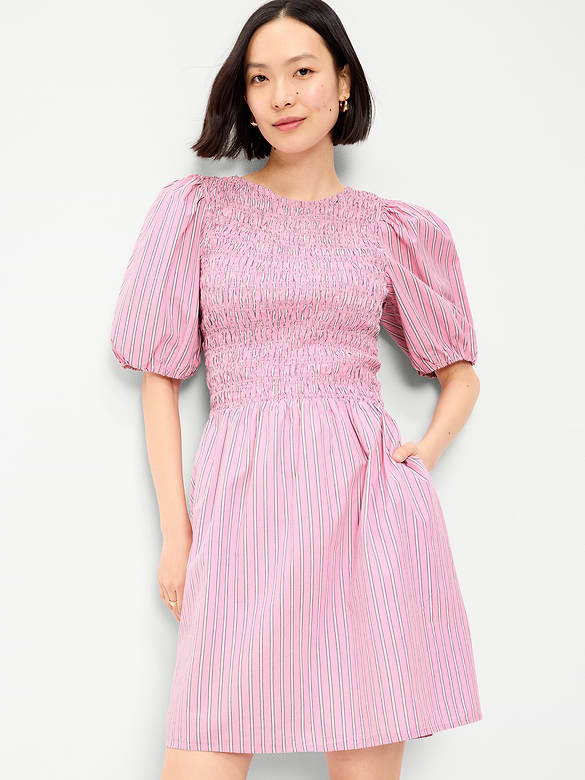 Smocked Puff-Sleeve Flare Mini Dress