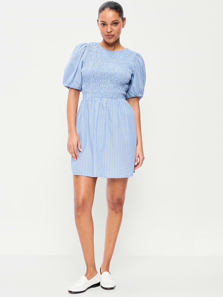 Image number 1 showing, Smocked Puff-Sleeve Flare Mini Dress