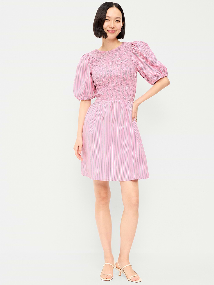 Image number 1 showing, Smocked Puff-Sleeve Flare Mini Dress