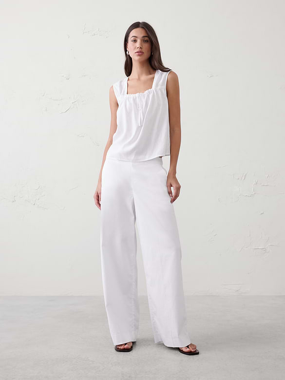 Linen-Blend Tied Popover Top