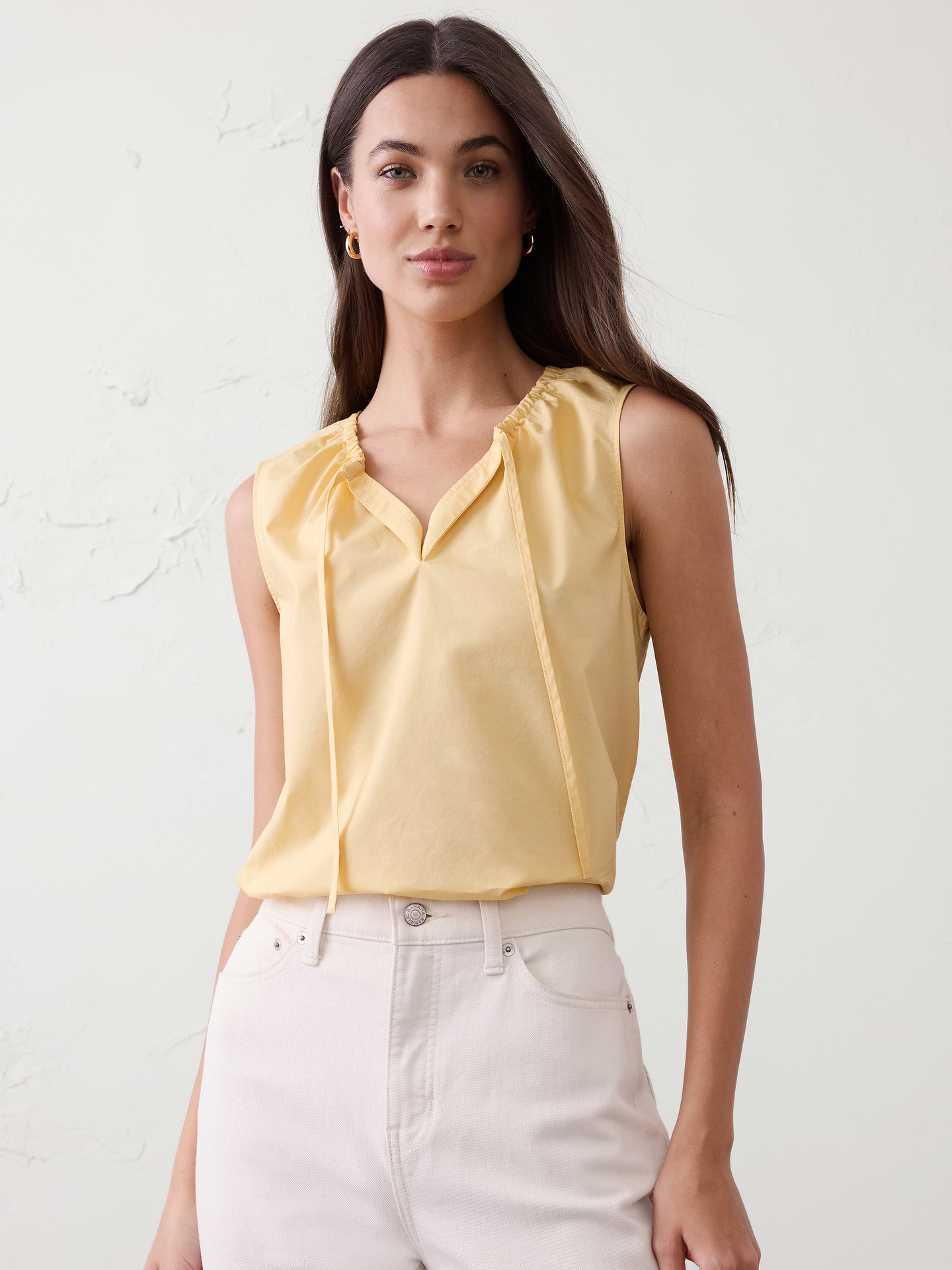 Image 1 of 1, Gathered neckline with front tie. Sleeveless., Subtle front keyhole opening., Soft gathers at back neckline., Straight hem., Made exclusively for Banana Republic Factory., Product #872377