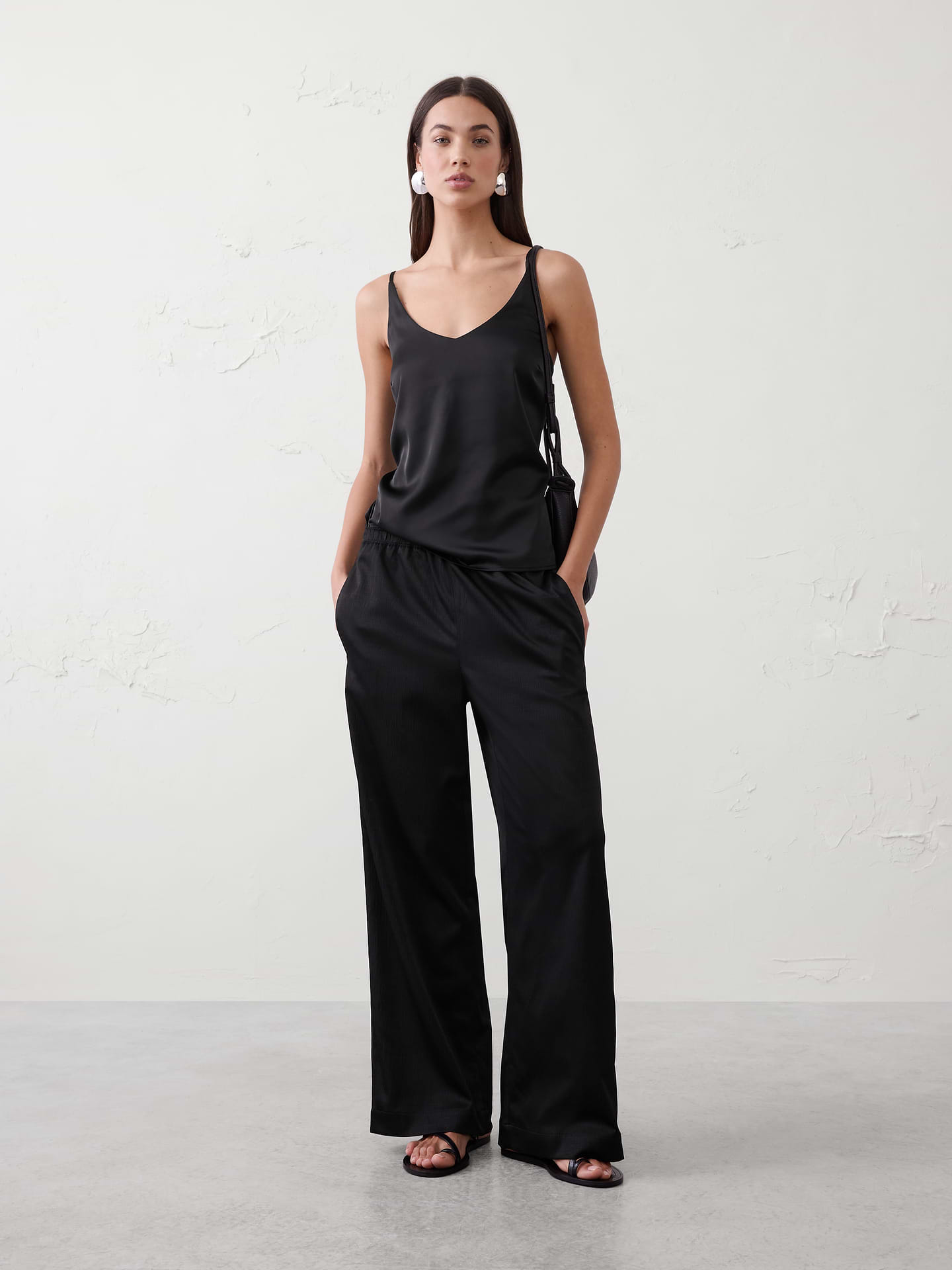 Image number 1 showing, Wide-Leg High-Rise Crinkle Satin Pull-On Pant