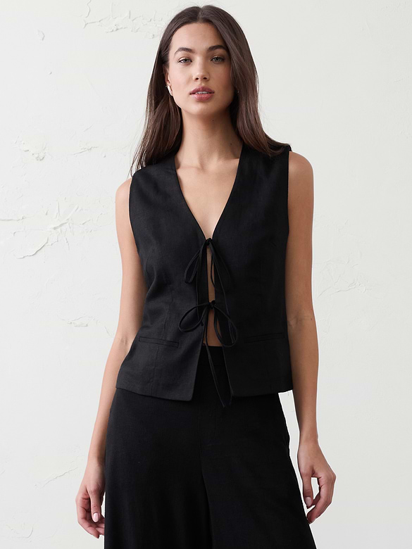 Linen-Blend Tie-Front Vest