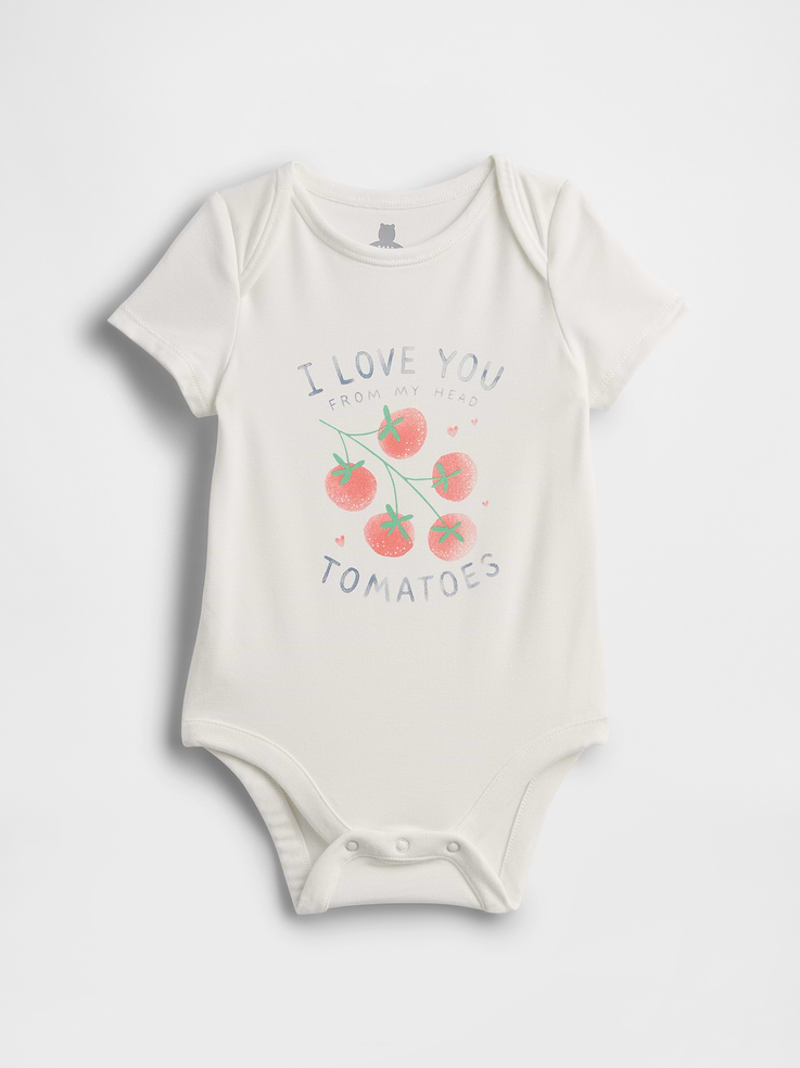 Image 1 of 2, Our lightweight favorite. Airy and breathable. Soft yet durable. A more sustainable fabric that’s gentle on baby’s skin — with good nights built in., Soft stretch eco-knit baby bodysuit., Crewneck with lapped shoulders for easy over-the-head., Short sleeves., Tomato graphics at front., Snaps at inseam for easy dressing and diapering., Made with 64% LENZING™ ECOVERO™ viscose fibers, which are derived from controlled or certified wood sources., Made with 27% recycled polyester. Compared to virgin materials, using recycled materials helps reduce resource use and waste., This product was made in a factory that invests in gender equity and women’s empowerment through RISE. Learn more at gapinc.com/equity ., Product #883360