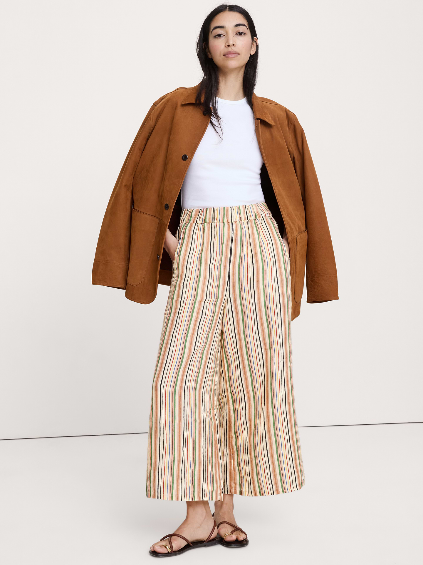L'image numéro 1 présente Pantalon longueur cheville à jambe large à taille extensible en lin