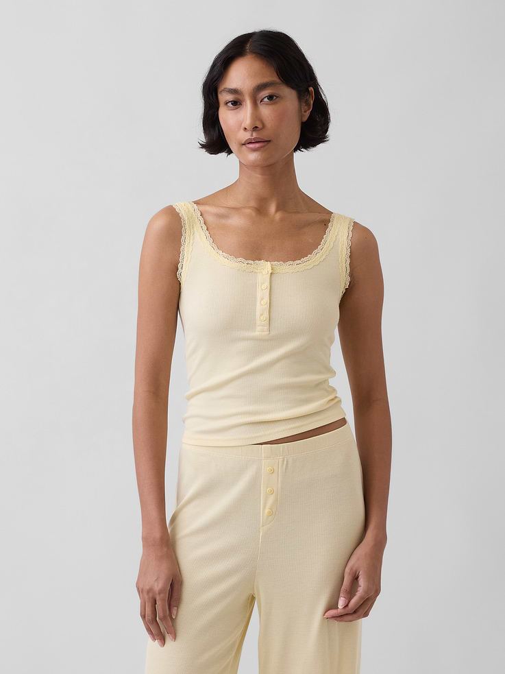 Image number 1 showing, Mini Rib Lace Henley PJ Tank Top