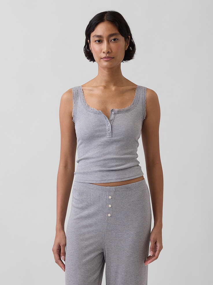 Image number 1 showing, Mini Rib Lace Henley PJ Tank Top
