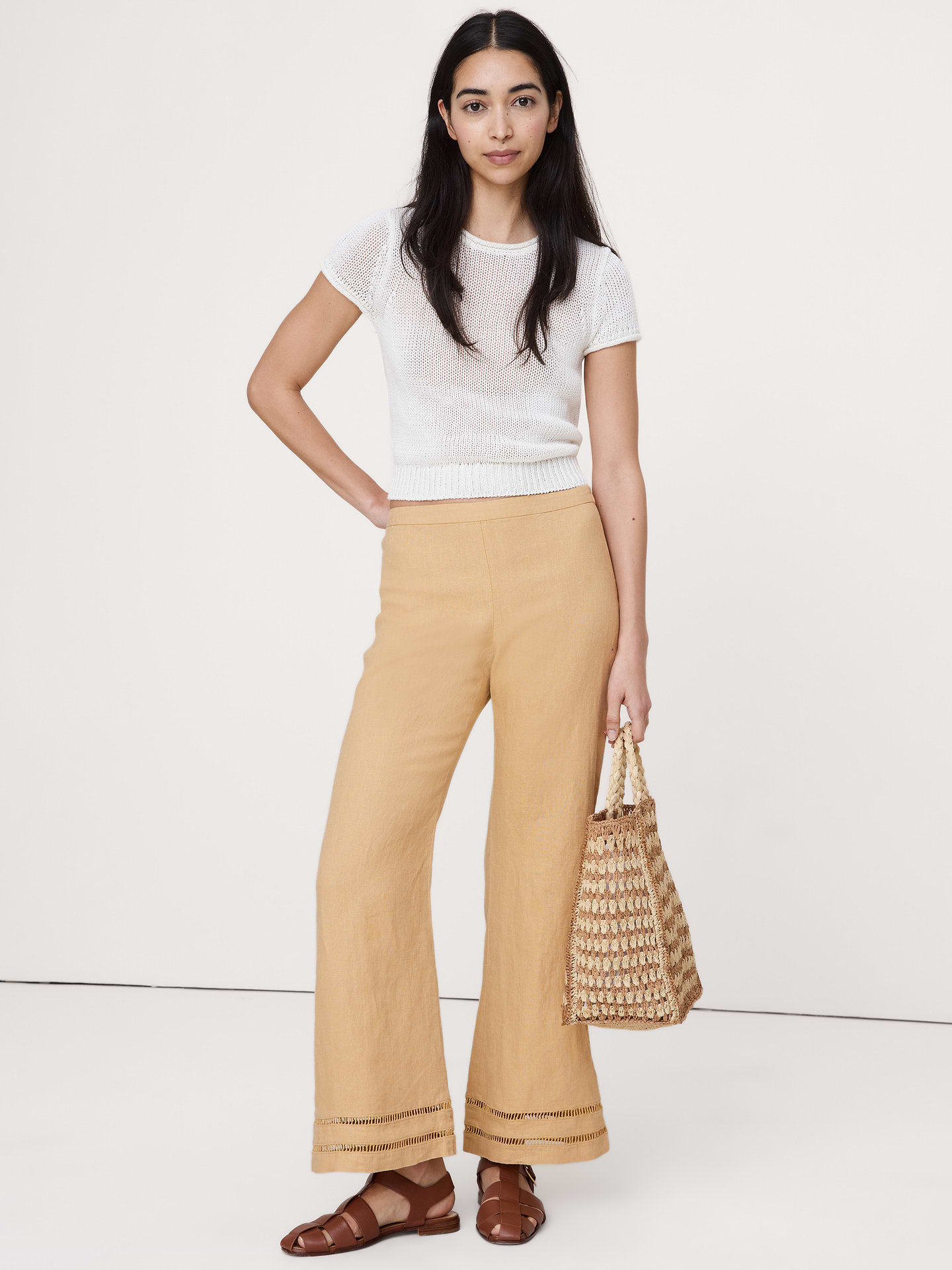 Image number 1 showing, Mid-Rise Kick-Flare Linen Ankle Pant
