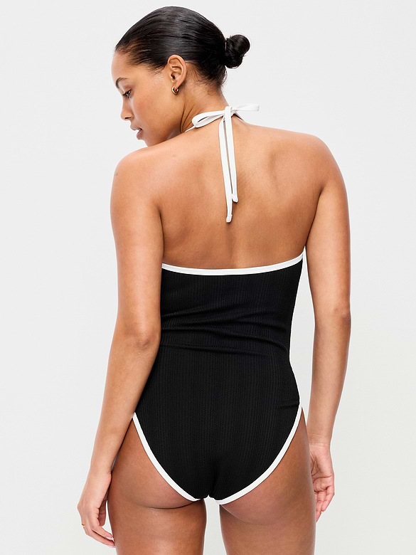 Ribbed V-Neck Halter One-Piece Swimsuit
