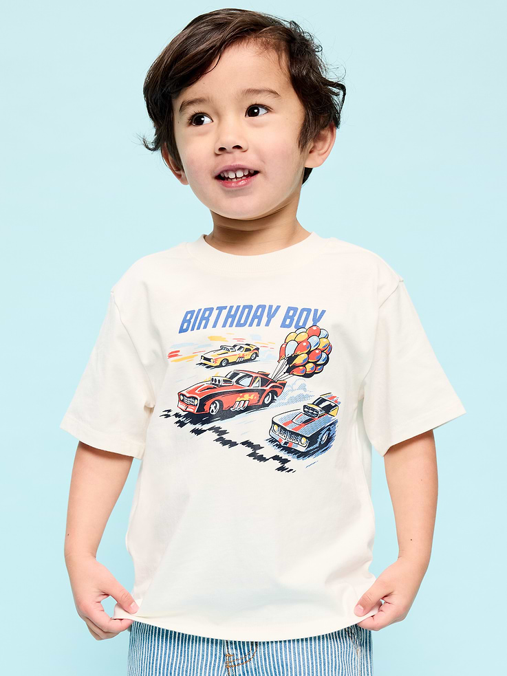Image 1 of 3, crew neck, short sleeves, drop shoulders, birthday graphic at front, Product #885735