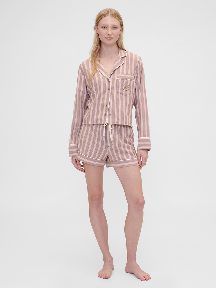 Image 1 of 8, Summer Fridays is a California beauty brand, known for its simplicity and ease. Made for the skin and the senses. We’ve partnered on this collection, bringing Summer Fridays together with Gap’s lounge essentials. Designed to unwind in., Soft flannel boxer shorts., Elasticized waist with drawcords., Embroidered logo at thigh., Allover stripes print., Made with 35% recycled polyester. Compared to virgin materials, using recycled materials helps reduce resource use and waste., Product #865203