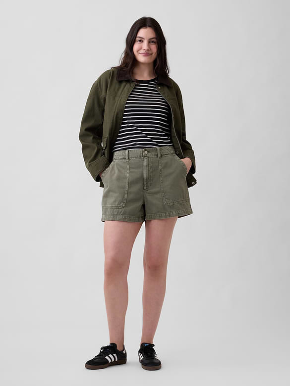4" High Rise Soft Denim Utility Shorts