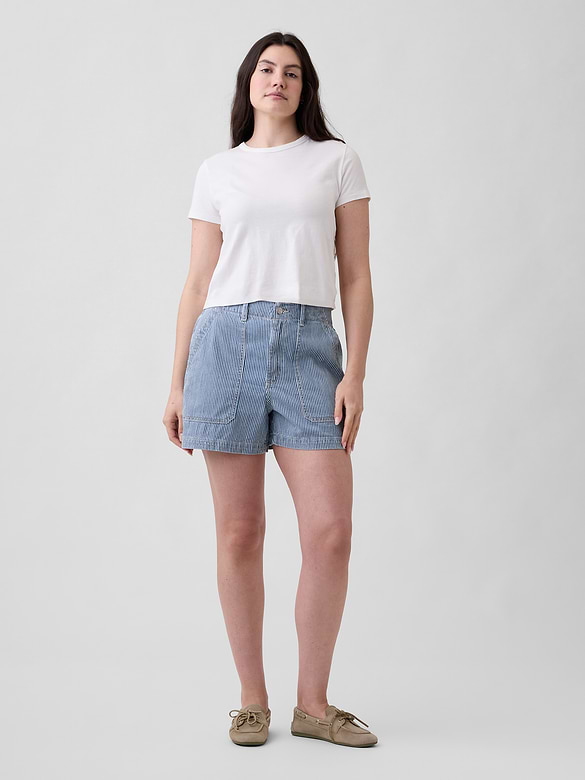 4" Mid Rise Stripe Soft Denim Utility Shorts