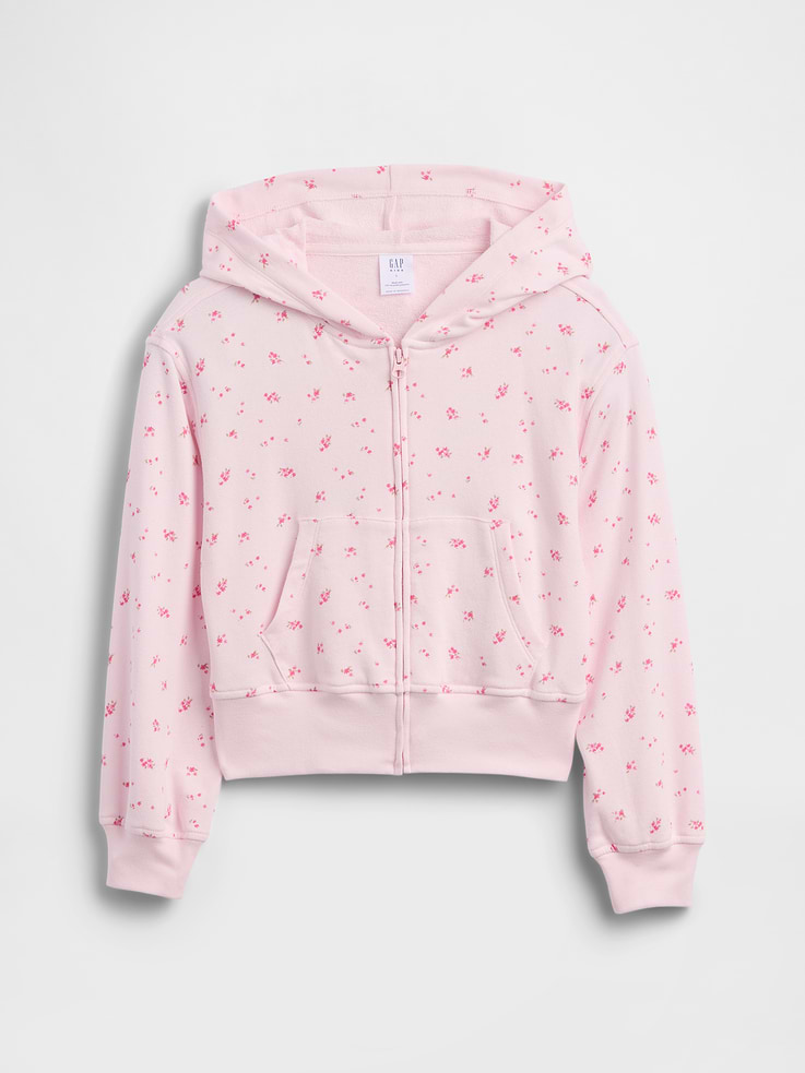 Image 1 of 3, This product is made with/contains 21% recycled polyester. Compared to virgin materials, using recycled materials helps reduce resource use and waste., Soft French terry., Dropped shoulder, long sleeves with banded cuffs., Hood, zip front., Kanga pockets., Banded hem., Allover floral print., This product was made in a factory that invests in gender equity and women’s empowerment through RISE. Learn more at, Product #1174976