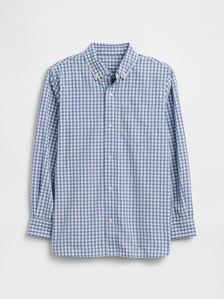 Image 1 of 3, Smooth poplin weave., Long sleeves with button cuffs., Spread collar, button front., Patch pocket at chest., Curved shirttail hem is longer at back., Select styles have allover print or stripes., Product #1175304