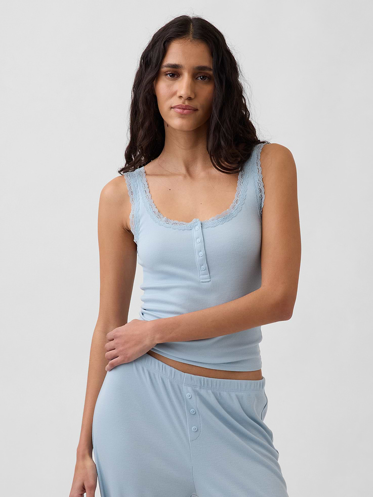 Image number 1 showing, Mini Rib Lace Henley PJ Tank Top