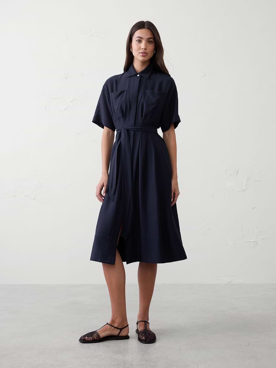 black shirt dress banana republic Pleated Midi Shirtdress Size:44L fitted waist with a Lace Paneling 90s SILK SLIP DRESS