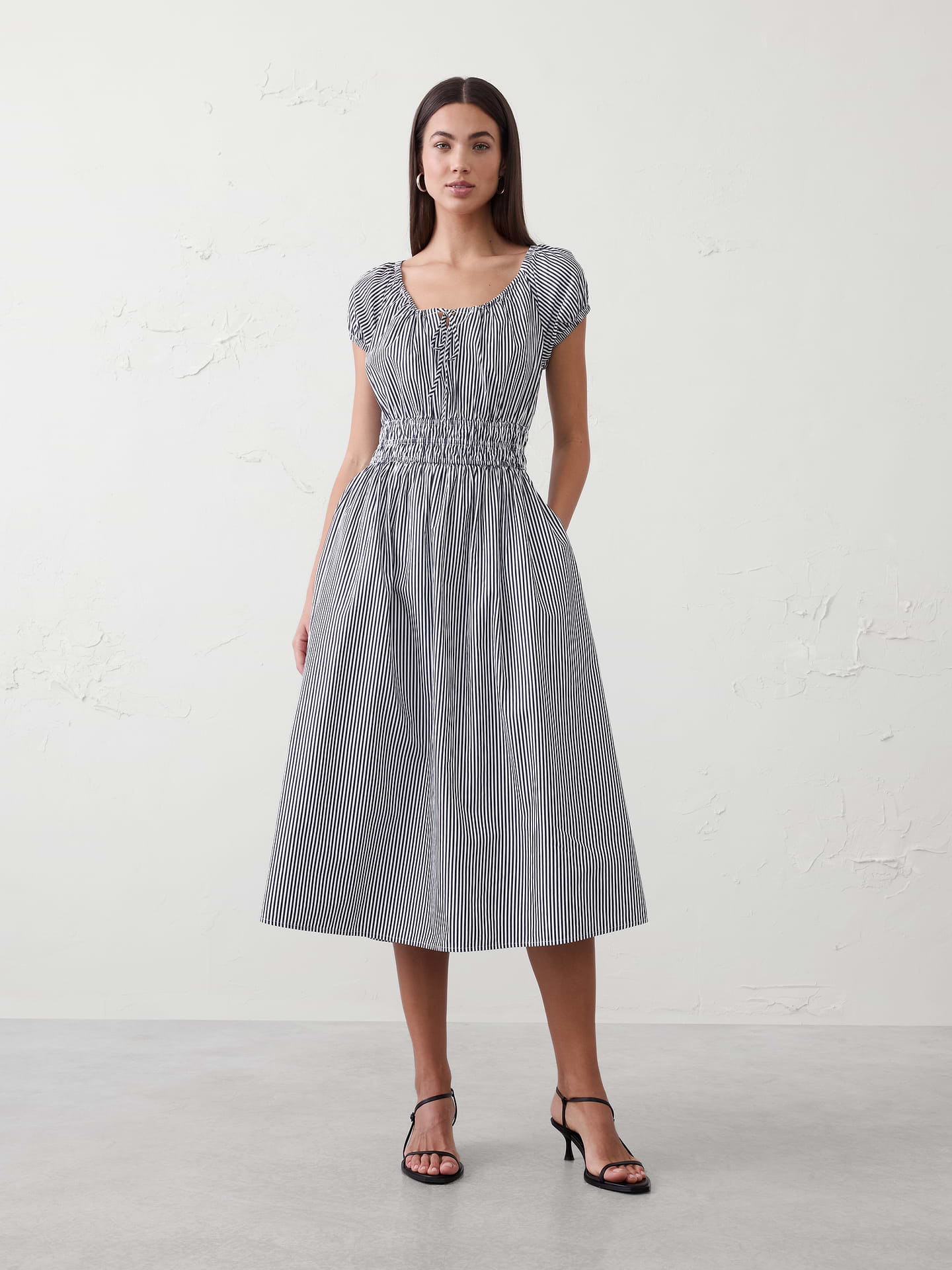 Image number 1 showing, Poplin Gathered-Neck Midi Dress