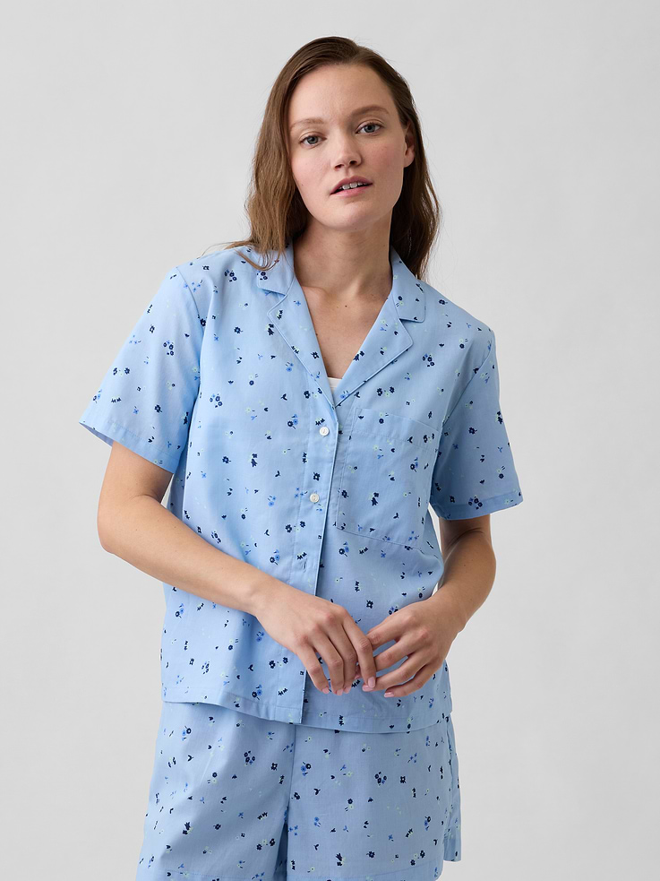 Image 1 of 4, Smooth poplin sleep shirt., Short sleeves., Lapel collar, button front., Patch pocket at chest., Select styles have allover print or stripes., Product #1172401