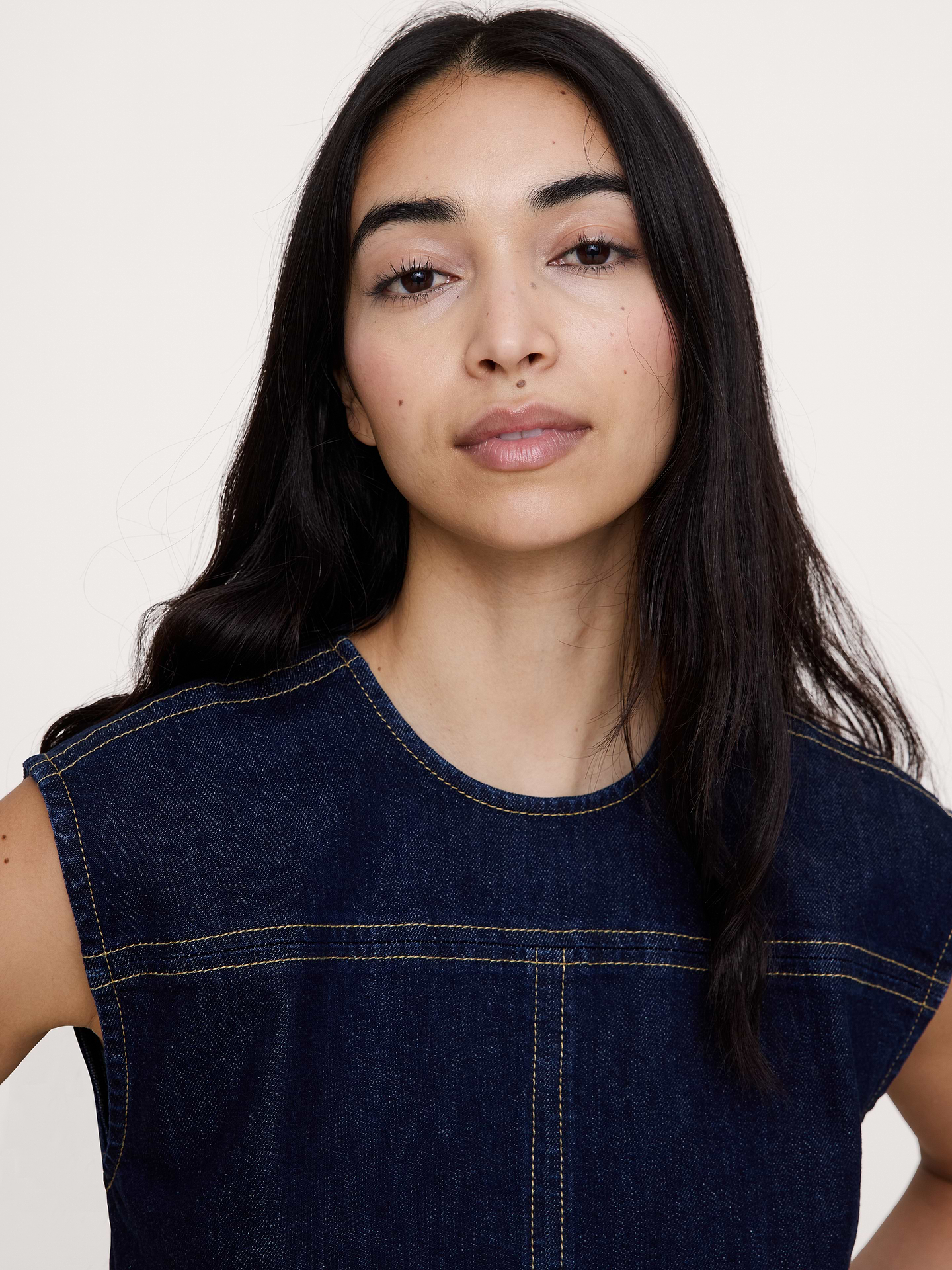 Image 6 of 7, Top-Stitched Denim Top
