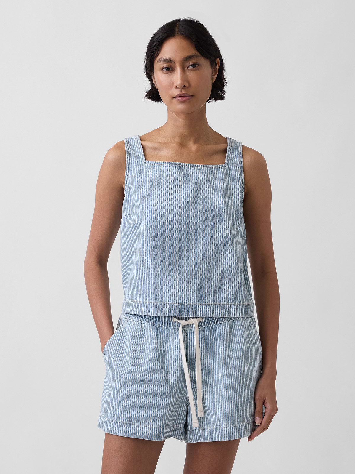 UltraSoft Denim Stripe Crop Shell Tank Top