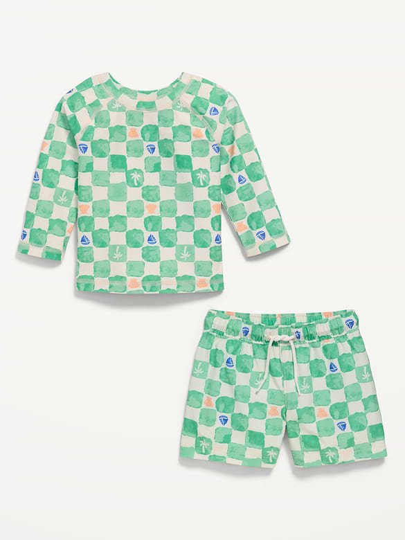Long-Sleeve Rashguard Swim Top and Trunks Set for Baby