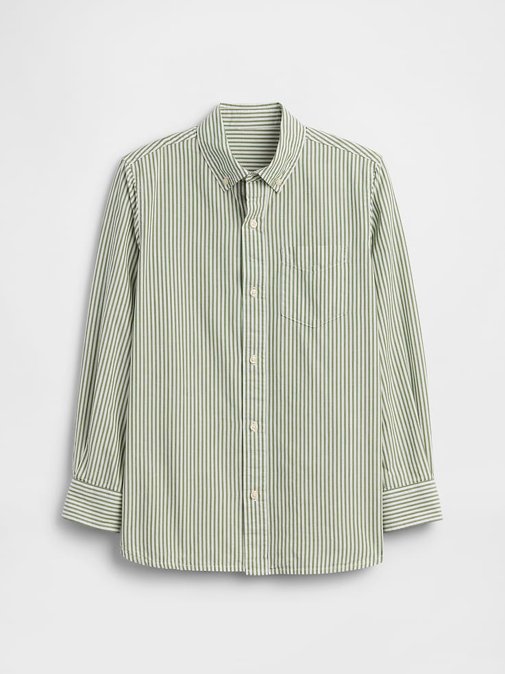 Image 1 of 3, Smooth poplin weave., Long sleeves with button cuffs., Spread collar, button front., Patch pocket at chest., Curved shirttail hem is longer at back., Select styles have allover print or stripes., Product #1175304