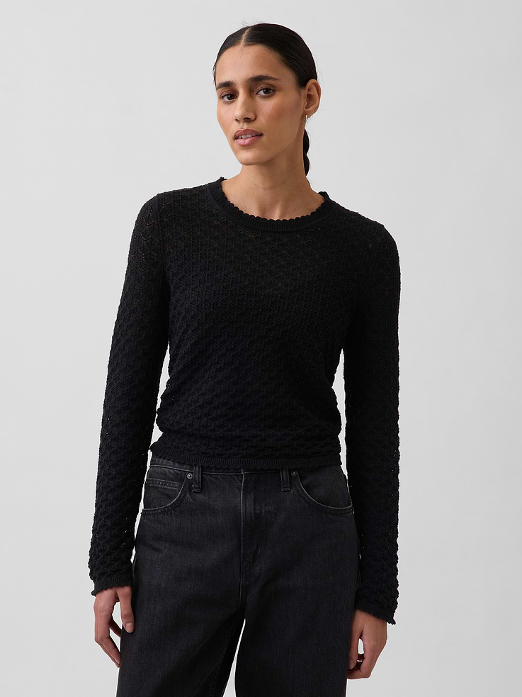 Image number 1 showing, 100% Cotton Pointelle Crop Sweater