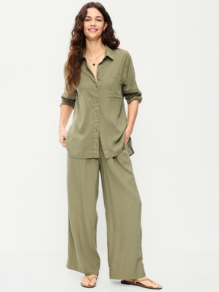 Image number 1 showing, High-Waisted Linen-Blend Super Wide-Leg Pants