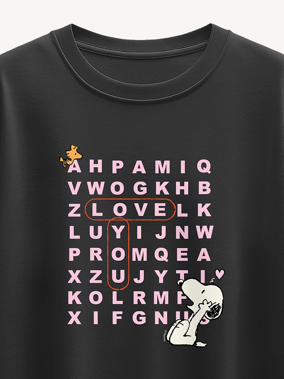 Peanuts I Love You Snoopy Word Search Short Sleeve Boxy Graphic T-Shirt For Girls
