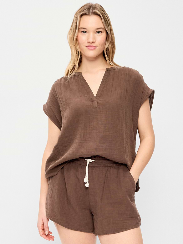 Short-Sleeve Crinkle Gauze Popover Top