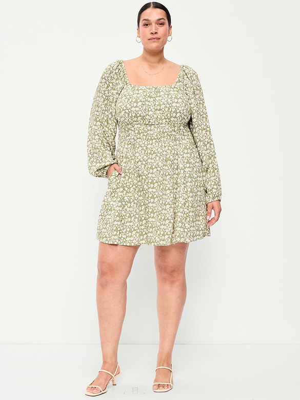 Long-Sleeve Square-Neck Mini Dress