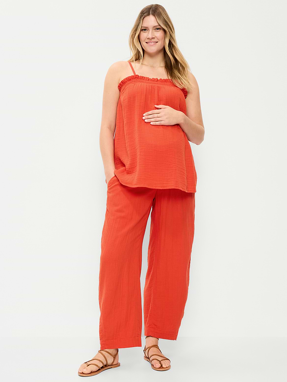 Maternity Rollover-Waist Crinkle Gauze Barrel Leg Ankle Pants
